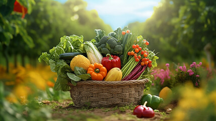 fresh green and mix colored vegetables in big basket in field green plants with agricultural vehicle background, Generative AI