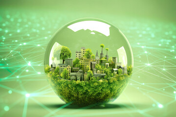 Green City in Bubble. Green Sustainable Investments. Green IT computing concept. Digital sustainability concept