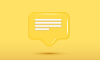 Notification message yellow icon bubble symbol or new contact alert chat and web flat design isolated on white background with social communication email reminder notice. 3D rendering.