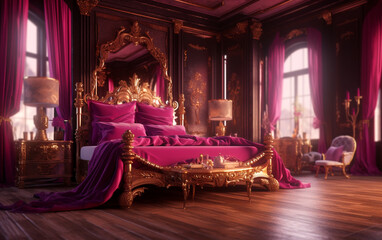 luxury magenta and Gold Bedroom with Four Poster Bed, Generative AI	