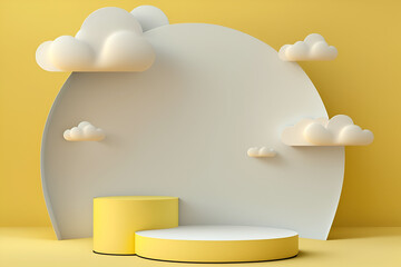 Abstract minimal concept. Sunshine yellow Podium background with clouds and abstract landscape. Mock up template for product presentation. copy text space