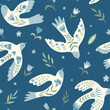 Vector seamless pattern with  birds, flowers, leaves in folklore style. Doves of peace. Doodle illustrations with stylized decorative floral elements. For textiles, clothing, bed linen.