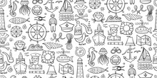 Nautical Icons Of Navigator, Ship And Captain, Lighthouse And Sailor. Seamless Pattern Background For Your Design