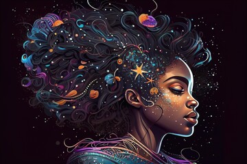 Wall Mural - A cute African American teenage goddess with beautiful afrocentric hairstyle made from celestial bodies fade into the universe. Generative AI AIG16.