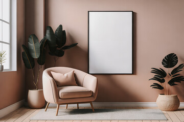Wall Mural - Pink interior with armchair, plant and frame with empty space. Generative AI