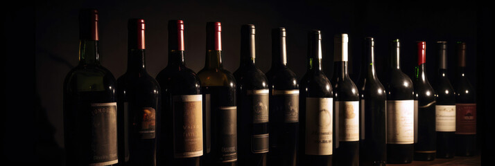 Wall Mural - Wine bottles in a row, dark wine cellar background, Generative AI