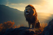 Lion roars on a rock in the background of wildlife, King of beasts at sunset. generated ai