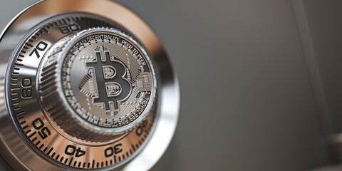 Poster - Bitcoin cryptocurrency security and protection of anonymity concept. Safe lock with symbol of bitcoin.