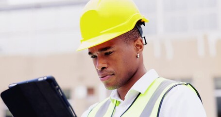 Wall Mural - Inspection, construction or black man with tablet in engineering planning a photovoltaic project. Sustainability, online digital search or male electrician working on renewable energy or electricity