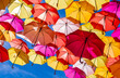 Colorful Umbrellas Hanging As Street Decoration And Sun Protection In The City Of Bordeaux, France