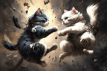 Furious Fluffy Cats In Fighting In The Boxing Stadium, Theme Of Vintage Custom With Competition Designed By Spreading Paint Background. Glorious Generative AI.