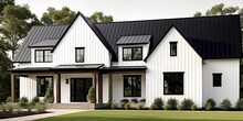 A Brand New, White Contemporary Farmhouse With A Dark Shingled Roof And Black Windows Is Seen In OAK PARK, IL, USA, On August 17, 2020. AI Generative