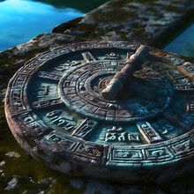 Ancient Sundial With Intricate Carvings And Engravings. Found Footage In A Shoal, Fantastical, Mystical, Rusty, Algae