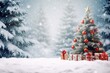 Beautiful Festive Christmas snowy background. Christmas tree decorated with red balls and knitted toys in the forest in snowdrifts