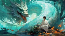 Painting Illustration Style, An Japanese Boy Sitting With Dragon In Forest, Fairytale Artwork, Generative Ai