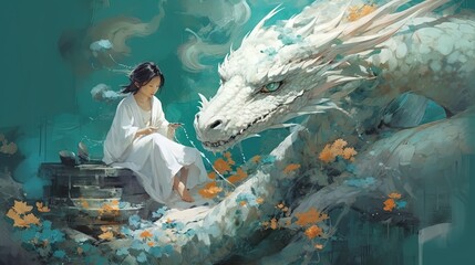 painting illustration style, an Japanese girl sitting with dragon in forest, fairytale artwork, Generative Ai