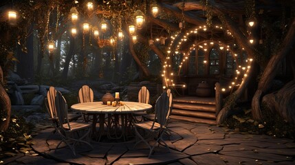 beautiful backyard seat in green garden at night time with fairy lights, Generative Ai