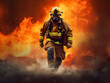 © Aisyaqilumar - A firefighter complete with firefighting suit and gear is bravely running. In the background, the fire is raging and rising.