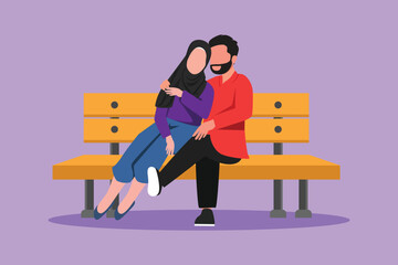 Wall Mural - Character flat drawing romantic Arabian couple on bench in park. Happy man hugging and embracing woman at outdoor park. Couple dating celebrate wedding anniversary. Cartoon design vector illustration