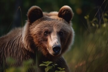 Wall Mural - Young Brown Bear in the Forest Generative AI