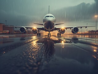 A large passenger airplane aircraft is on the runway during heavy rain. Flight cancellation due to weather. Generative Ai technology.