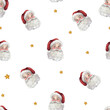 Watercolor santa claus head seamless pattern on white background. Hand-drawn Christmas background, design for wrapping paper in a realistic cute style