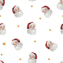 Watercolor Santa Claus Head Seamless Pattern On White Background. Hand-drawn Christmas Background, Design For Wrapping Paper In A Realistic Cute Style