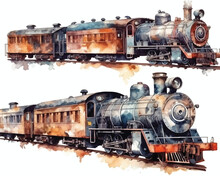 Old Steam Locomotive In Motion Watercolor Painting White Background.