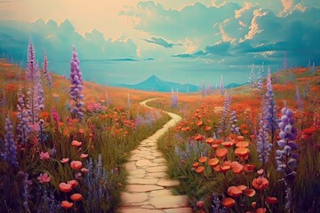 A path full of flowers watercolor illustration Generative AI 