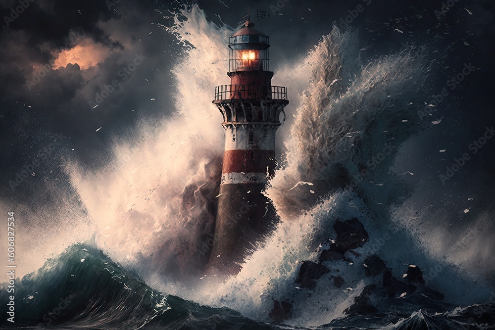 Light from a lighthouse on a stormy sea Stock Illustration | Adobe Stock