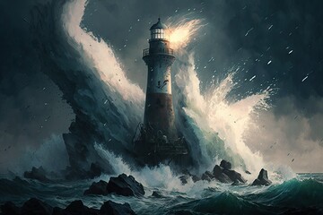 Wall Mural - Lighthouse in a stormy sea, waves above the tower