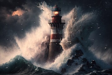 Poster - Light from a lighthouse on a stormy sea