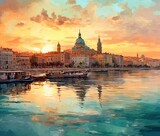 Fototapeta Londyn - Watercolor beautiful sunset view of old town and city Generative Ai
