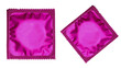 Close up of a pink condom on white background, wrappers in square and rectangle packaging on white background - Clipping Path.
