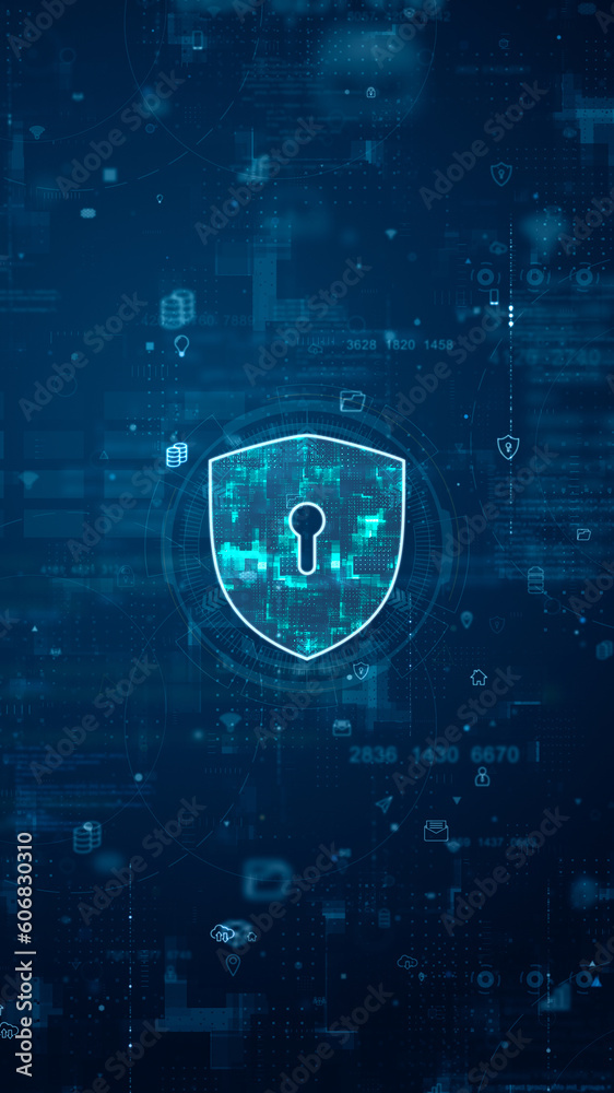 Blue digital security shield logo and futuristic circle HUD with big ...