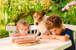 At cookout party children and pet dog can't wait BBQ to be grilled