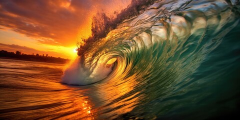 Wall Mural - Beautiful wave in the ocean and colorful sky with sun reflecting off of the wave. Generative AI AIG27.