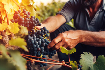 Farmer male hands picking grape, grapes harvest. Generative AI