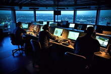 Air Traffic Controllers On Control Tower Room. Generative Ai