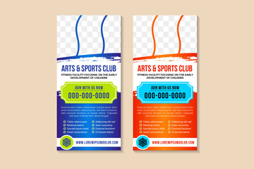 Poster - vertical Banner for arts and sports club. creative concept for advertising design, template for posting photos and text. blue and orange gradient background. white and green elements. fitness roll up