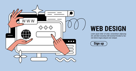 Leinwandbilder - Web design. Landing page. Digital computer marketing. UX UI website. Internet engineer characters. Hands and monitor. Web application. Browser creating. Vector online banner template