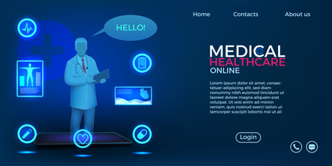 Aufkleber - Medical healthcare online. Doctor app. Website landing page. Conference for patient health. Pharmacy and medicine technology. Virtual consultation. Vector design application background
