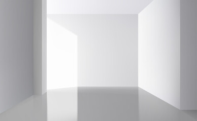 Poster - 3d white background, studio scene. Minimal showcase render, pastel grey wall in perspective, architecture backdrop. Backdrop for product presentation with light and shadows vector illustration