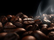 Closeup Roasted coffee beans smoke on black background. Generative AI illustrations