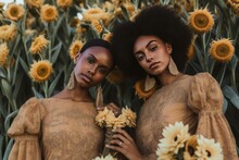 Stylish boho African women in white dresses standing in a field of sunflowers in sunset light. Summer travel. Summer fashion conception. Created with Generative Ai Technology.
