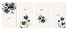 Vertical Templates, Social Media Backgrounds With Gray-blue Watercolor Elegant Flowers And Golden Branches. Vector