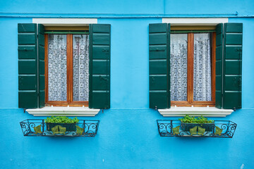 Canvas Print - charming European house, with two Windows, hanging flowers and red old shutters