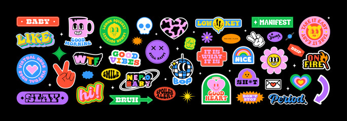 colorful happy smiling face label shape set. collection of trendy retro sticker cartoon shapes. funn
