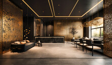 A Lobby Area Is Decorated With Gold And Black Elements