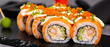 Sushi roll on dark background banner. Japanese and asian food concept